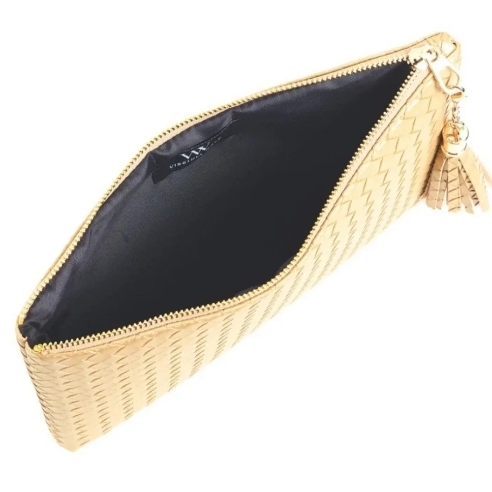 VIRGINIA WOLF‎ Faux Leather Clutch Mini Woven Pouch Gold Tassel Zip Top Make Up